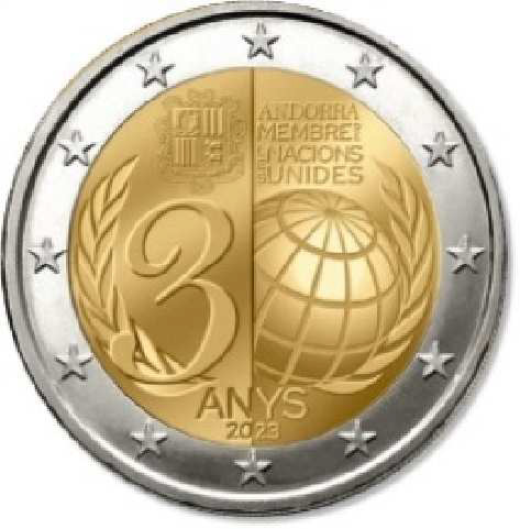 2 Euromunt van Andorra uit 2023 met het motief 30 jaar VN-lidmaatschap van het Vorstendom Andorra