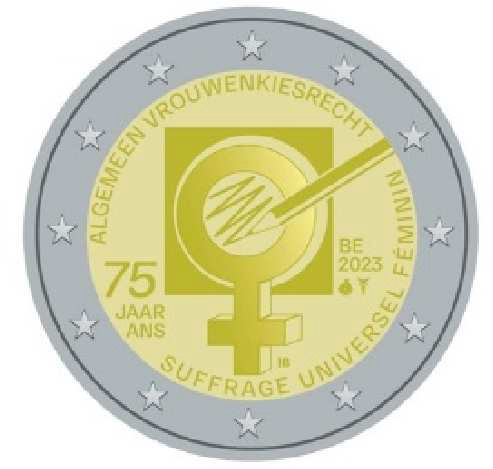 2 Euromunt van België uit 2023 met het motief 75 jaar algemeen vrouwenkiesrecht in België