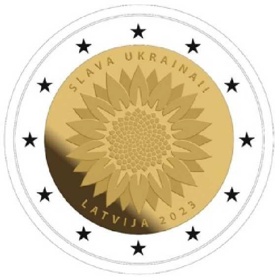 2 Euromunt van Letland uit 2023 met het motief Oekraïense zonnebloem