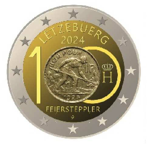 2 Euromunt van Luyemburg uit 2024 met het motief 100 jaar uitgifte van de Feierstëppler