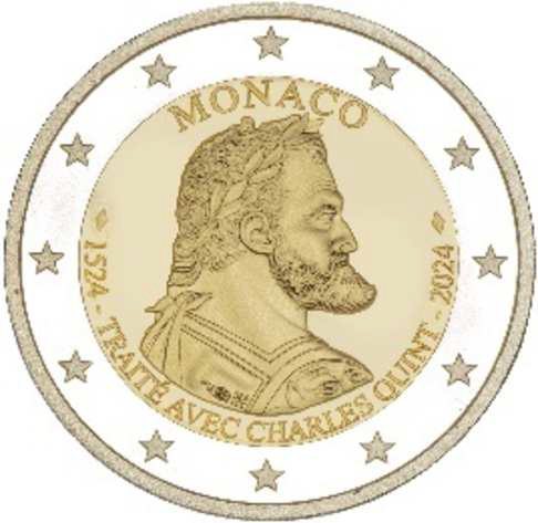 2 Euromunt van Monaco uit 2024 met het motief 500 jaar ondertekening van het verdrag met keizer Karel V