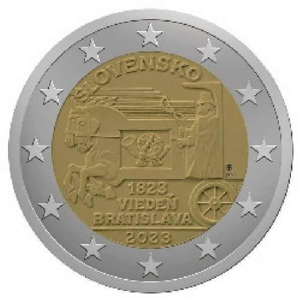 2 Euromunt van Slowakije uit 2023 met het motief 200 jaar exprespostdienst per paardenkoets tussen Wenen en Bratislava