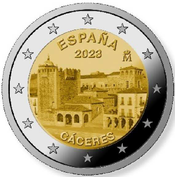 2 Euromunt van Spanje uit 2023 met het motief Oude stad Cáceres